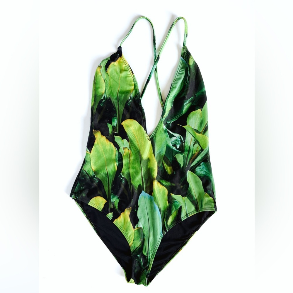 Forever 21 Tropical Green Plunge Neckline One Piece Swimsuit - Size Medium - Picture 4 of 5